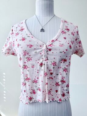 Joie ‘Darling Floral’ 100% Cotton Coquette Pointelle Top Pink White Size Small